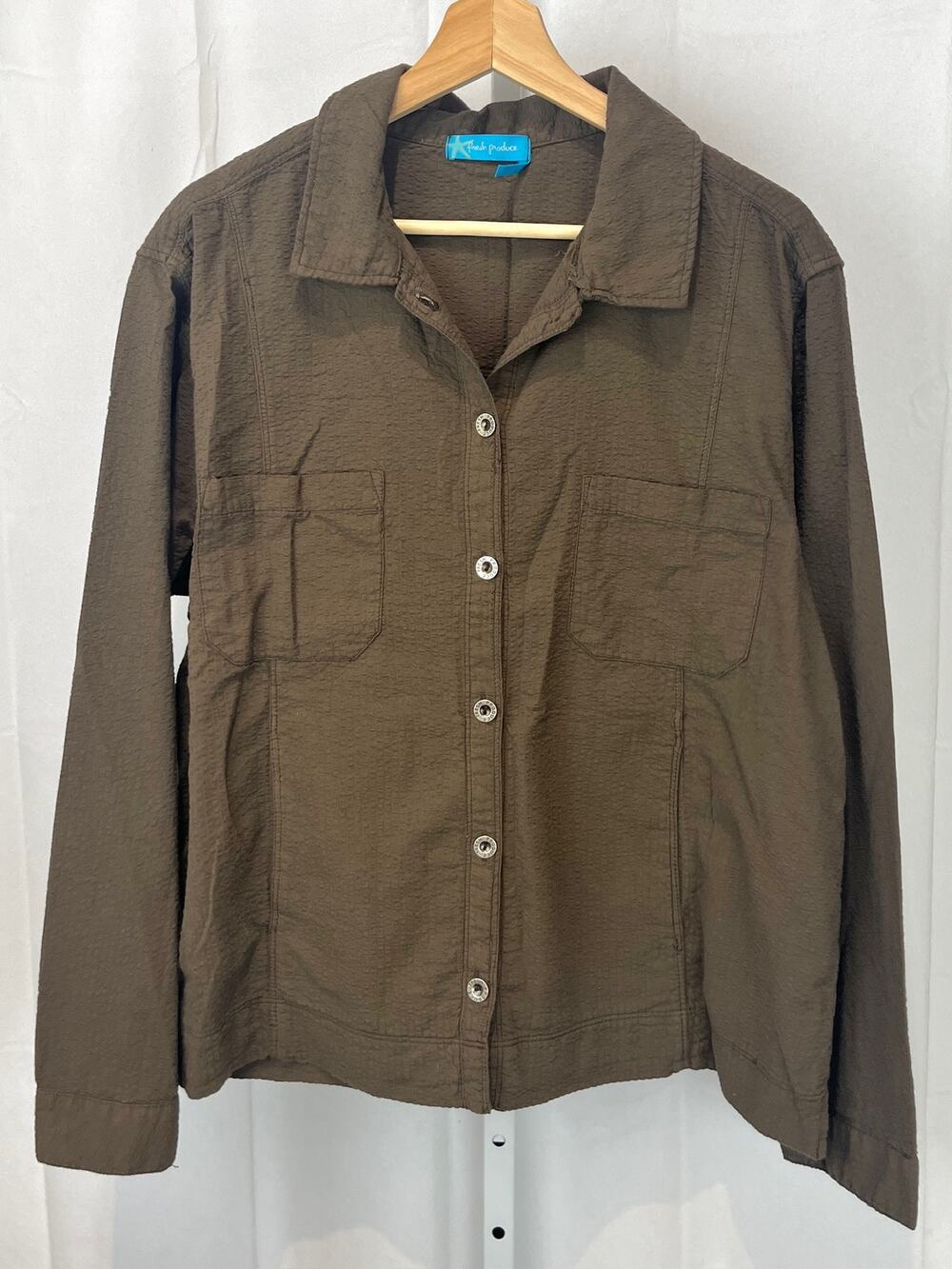 FRESH PRODUCE Button Front Utility Shirt Jacket Cotton Seersucker Olive Brown XL